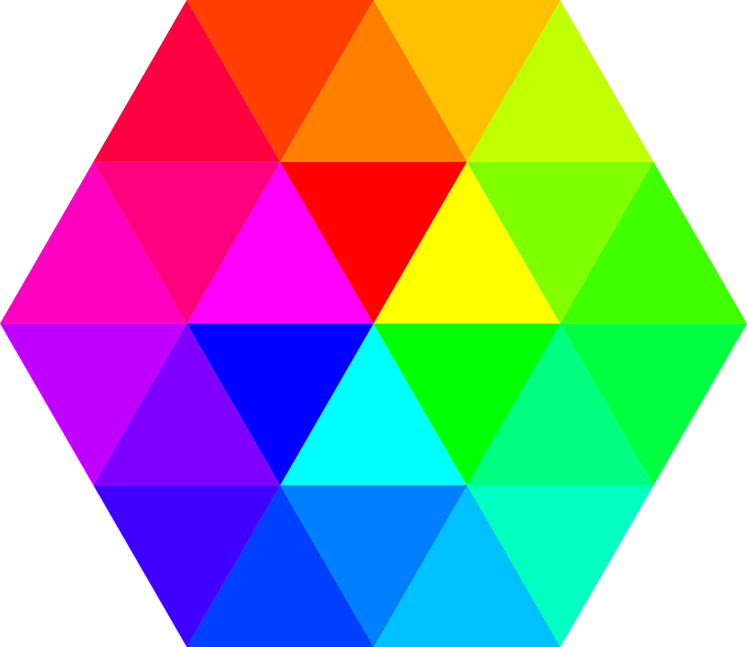 A hexagon made of triangles of different colors
