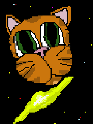 An pixel-art image of a cat's head floating in outer space